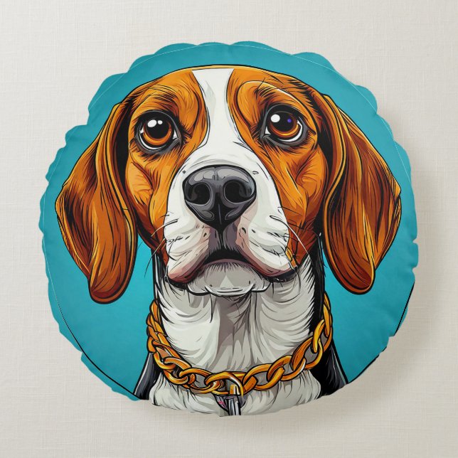Almofada Redonda Cachorro Beagle com uma Corrente de Ouro (Frente)
