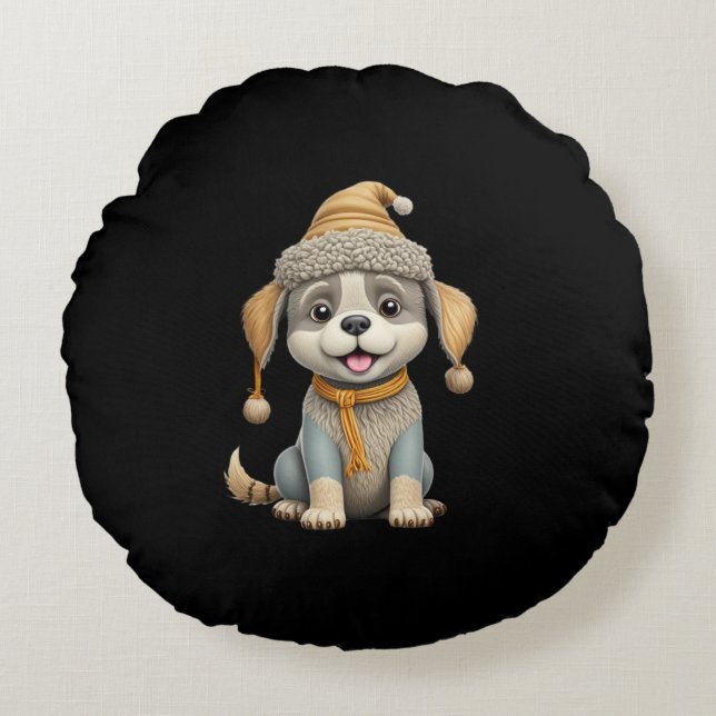 Almofada Redonda Cachorro bonito com roupas de inverno (Frente)