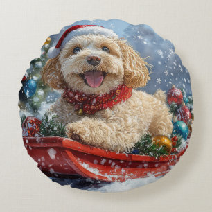 Almofada Redonda Cachorro Cockapoo no Trenó Deixe Nevar Natal