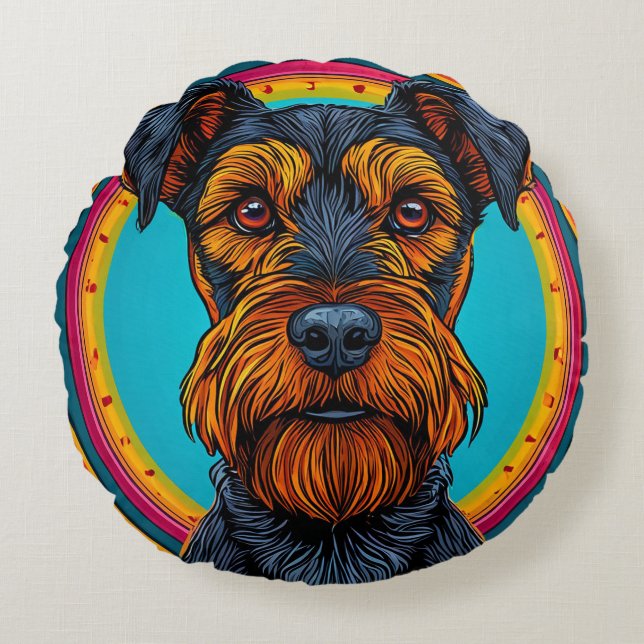 Almofada Redonda Cachorro com Design de Fundo Circular Vibrante (Frente)