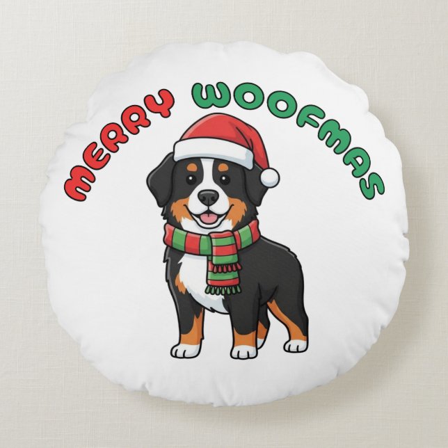 Almofada Redonda Cachorro da Montanha Bernese de Natal: Feliz Woofm (Frente)