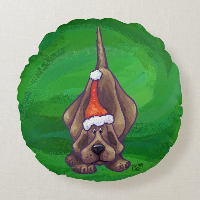 Almofada Redonda Cachorro de Caça Natal em Green (Frente)