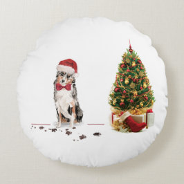Almofada Redonda Cachorro de Natal Engraçado com Pastor Australiano