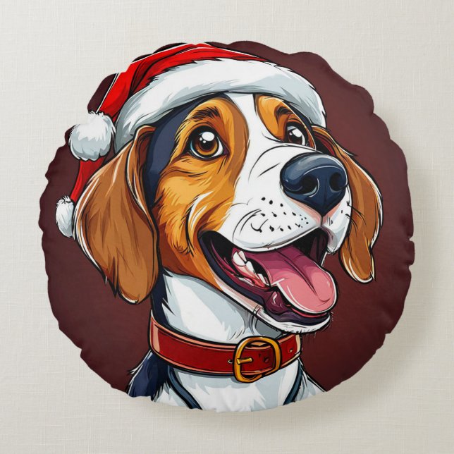 Almofada Redonda Cachorro de natal fofo (Frente)