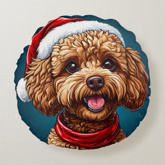 Almofada Redonda Cachorro de natal fofo (Frente)