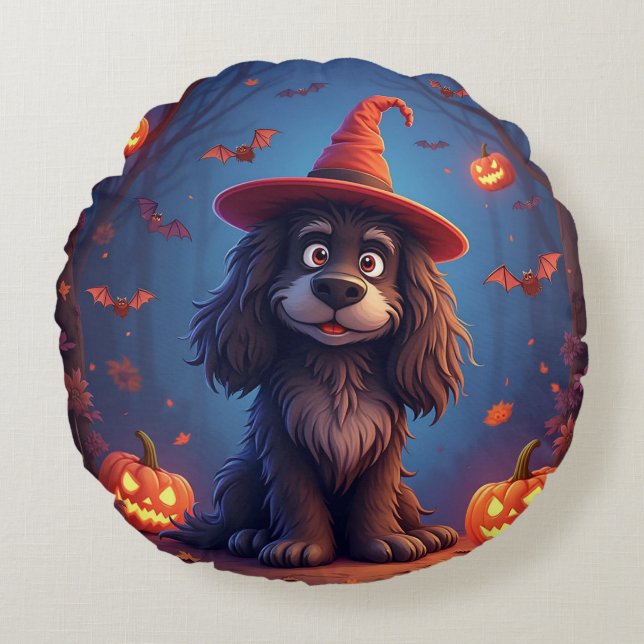 Almofada Redonda Cachorro fofo de Halloween (Frente)