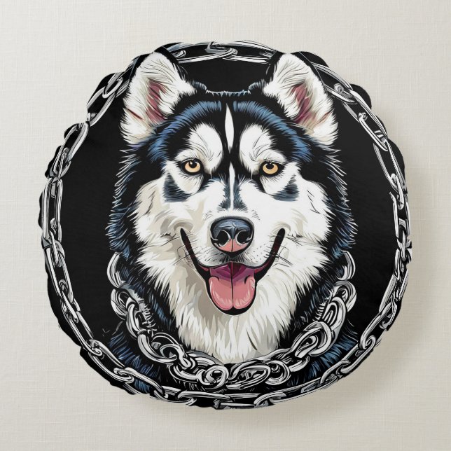 Almofada Redonda Cachorro Husky Majestoso com Cores Ousadas (Frente)