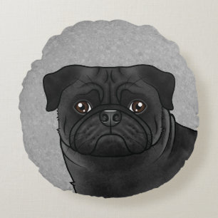 Almofada Redonda Cachorro Pug Preto Cabeça de Cachorro de Desenho A