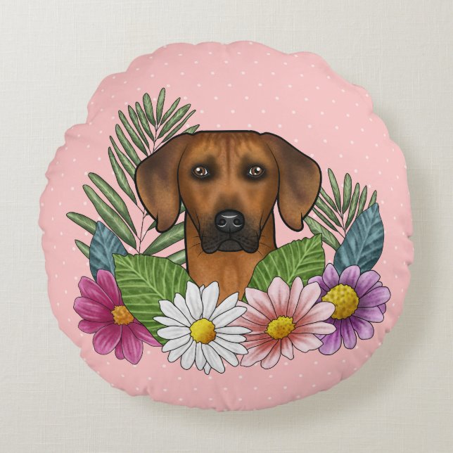 Almofada Redonda Cachorro Rhodesian Ridgeback Cabeça Flores Silvest (Frente)