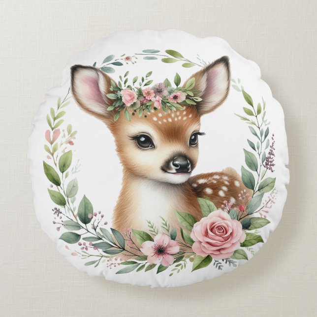 Almofada Redonda Cachorro-Velhinho com Floral Rosa (Frente)