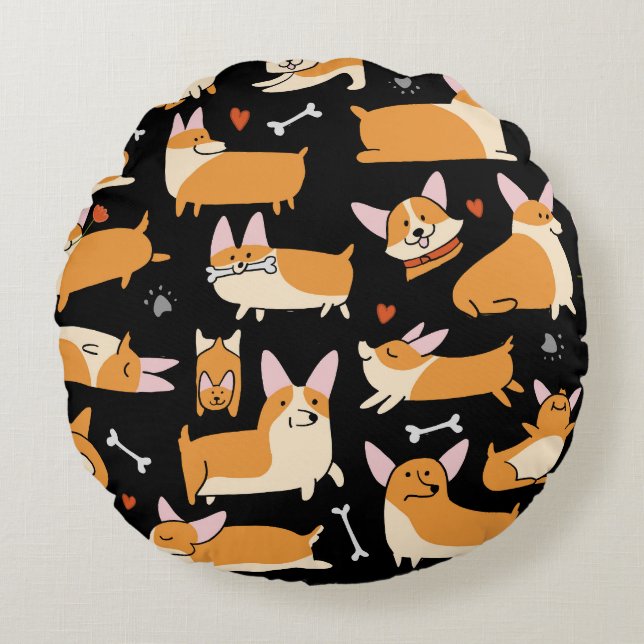 Almofada Redonda Cachorros Corgi, Lindo Fundo. (Frente)