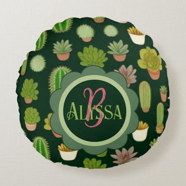 Almofada Redonda Cactos e Succulent Wonderland: Personalizar nome (Frente)