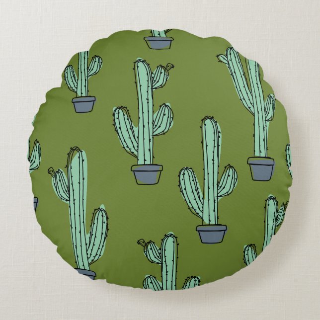 Almofada Redonda Cactus na Ilustração do Pote (Frente)