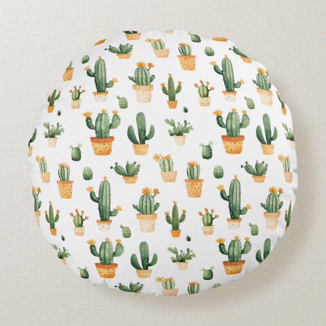 Almofada Redonda Cactus Potado em Branco (Frente)