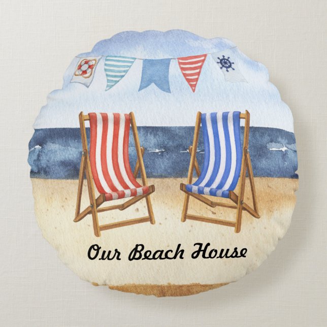 Almofada Redonda Cadeiras de Praia Vermelhas e Azuis (Frente)