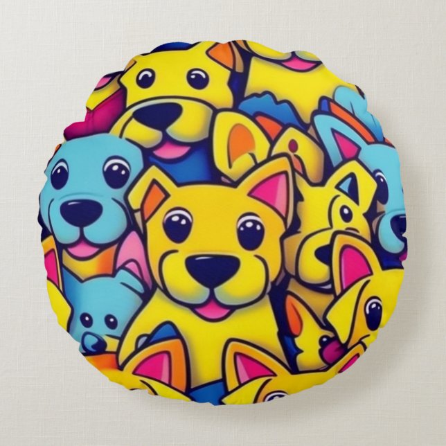 Almofada Redonda Cães amarelos, cães felizes (Frente)