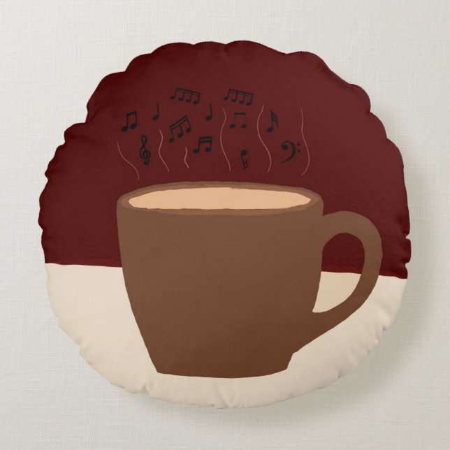 Almofada Redonda Café e Música - Xícara de Café com Vapor Musical (Frente)