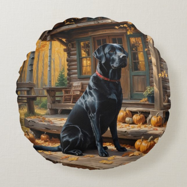 Almofada Redonda Café preto Labrador Retriever Log Cabine (Frente)