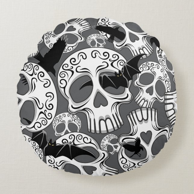 Almofada Redonda Calaveras Decorativas do Halloween (Frente)
