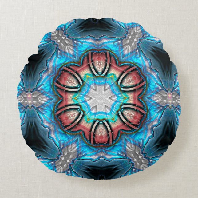 Almofada Redonda Caleidoscópio ciano e prateado com pintura áspera (Frente)