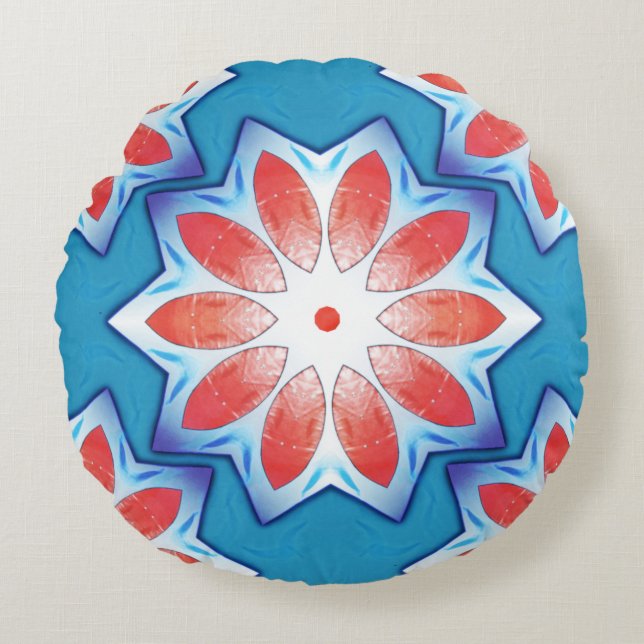 Almofada Redonda Caleidoscópio estrelado vermelho-azul com dez pont (Frente)