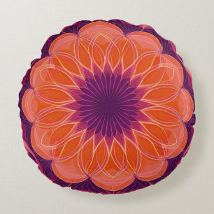 Almofada Redonda Caleidoscópio floral laranja e púrpura