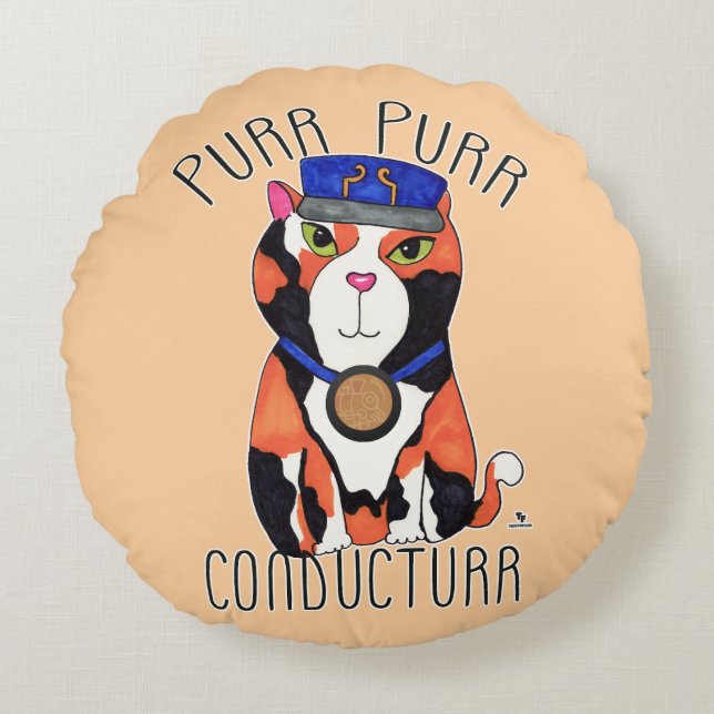 Almofada Redonda Calico Cat Train Condutor Purr Slogan (Frente)