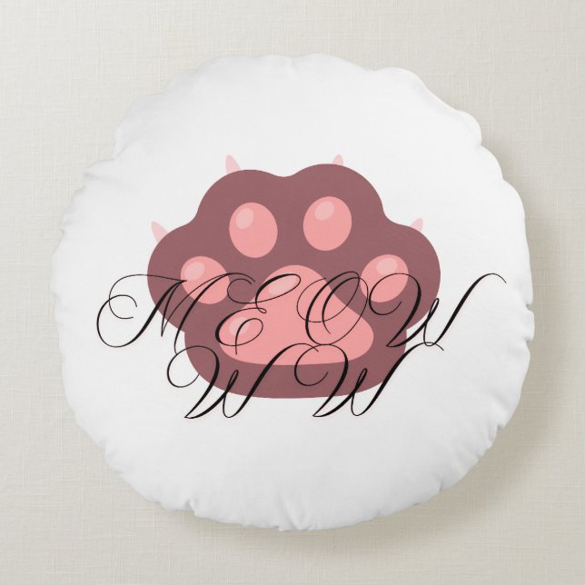 Almofada Redonda Caligrafia "MEOW" - Gatinho Adorável (Frente)