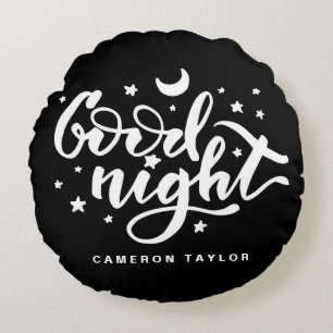 Almofada Redonda Caligrafia Moderna Negra e Branca Boa Noite