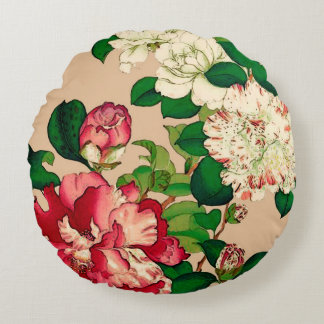 Almofada Redonda Camélias do japonês do vintage. Profundamente -