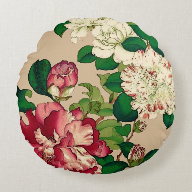 Almofada Redonda Camélias do japonês do vintage. Profundamente - (Frente)
