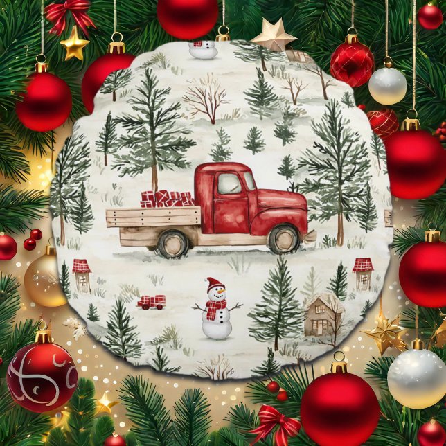Almofada Redonda Caminhão Vermelho com presentes e boneco de neve (Criador carregado)