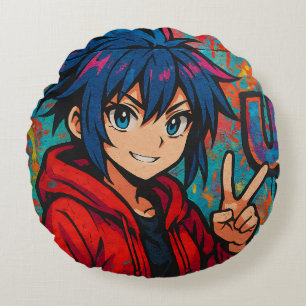 Almofada Redonda Camiseta Gráfica Vermelha Ousada de Anime EUA