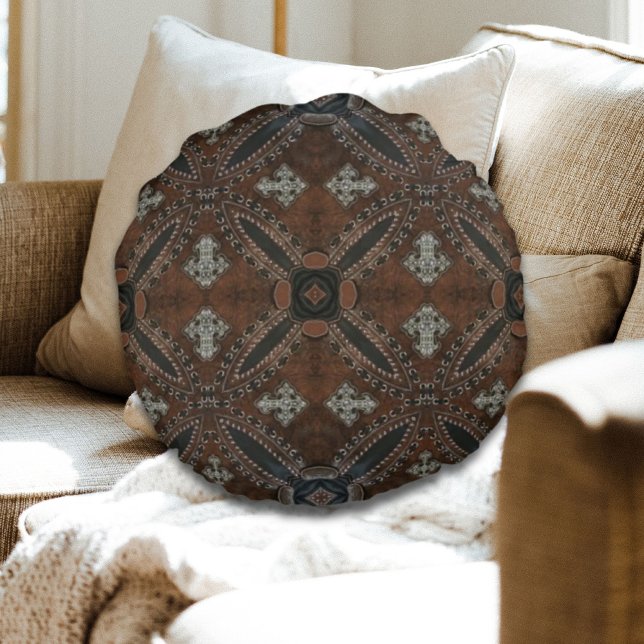Almofada Redonda Camisola primitiva do oeste do país Arrefecimento  (Primitive cowboy western country Tooled Leather Round Pillow)