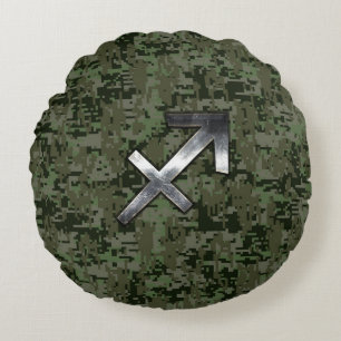 Almofada Redonda Camo Digital Silver Sagittarius Zodiac Woodland
