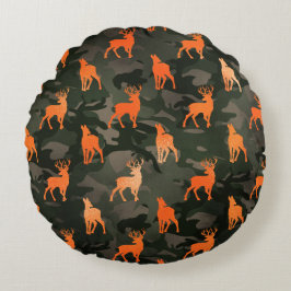 Almofada Redonda Camo Escuro com Veado Laranja