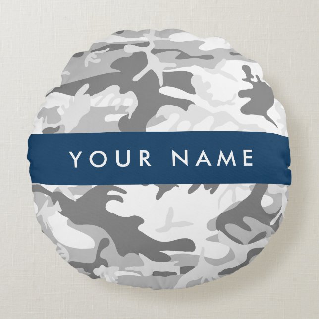 Almofada Redonda Camuflagem de Cinzas de neve de inverno Seu nome p (Frente)