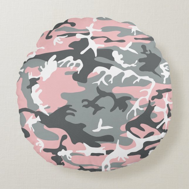 Almofada Redonda Camuflagem rosa e Cinza, Militar, Exército (Frente)