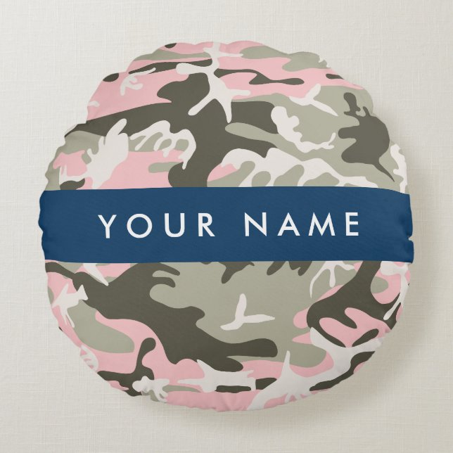 Almofada Redonda Camuflagem rosa e verde Seu nome personaliza (Frente)