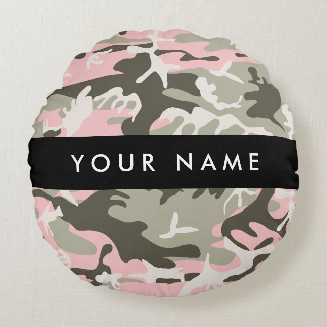 Almofada Redonda Camuflagem rosa e verde Seu nome personaliza (Frente)