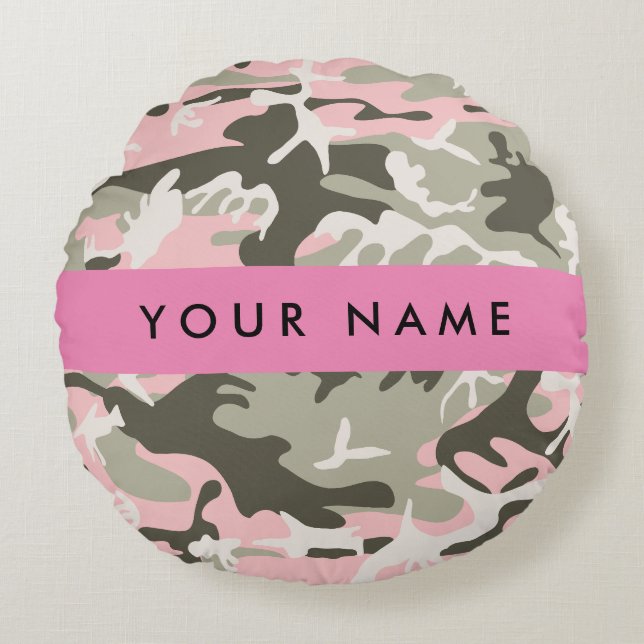 Almofada Redonda Camuflagem rosa e verde Seu nome personaliza (Frente)
