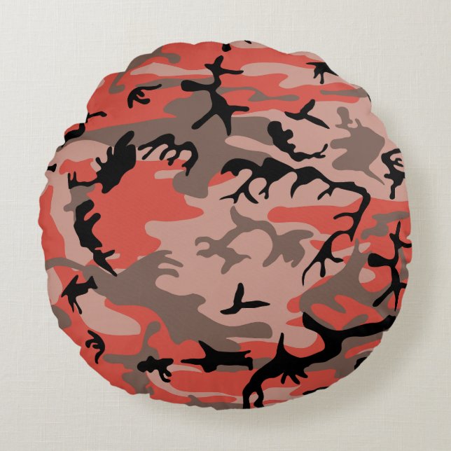 Almofada Redonda Camuflagem Vermelha e Marrom, Militar, Exército (Frente)