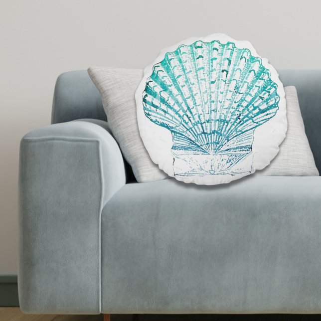 Almofada Redonda Cana-de-água azul-lacrimogéia da costa (coastal chic teal blue watercolor mermaid seashell round pillow)