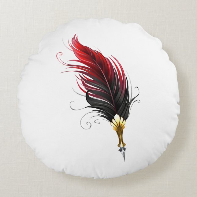Almofada Redonda Caneta de penas vermelhas com ninho de ouro (Frente)