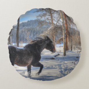 Almofada Redonda Canterna Black Percheron Horse & Snow Photo 2