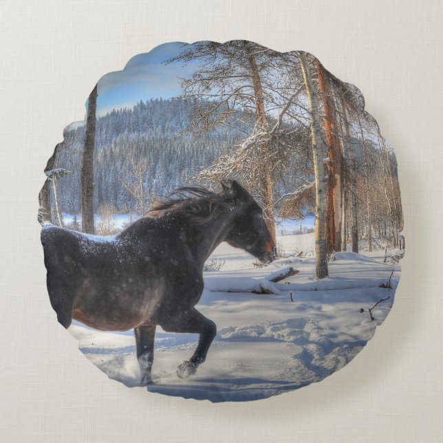 Almofada Redonda Canterna Black Percheron Horse & Snow Photo 2 (Frente)