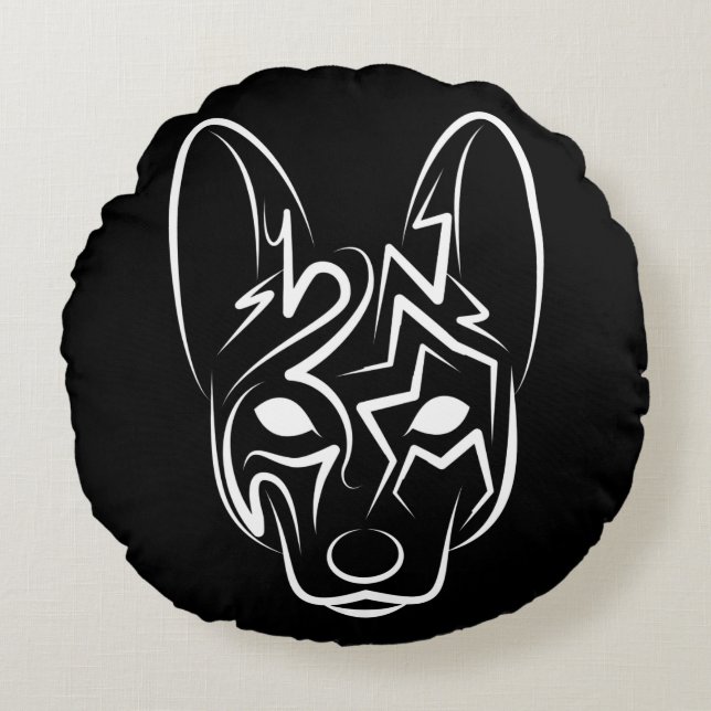Almofada Redonda Cão Negro e Tribal Branco (Frente)