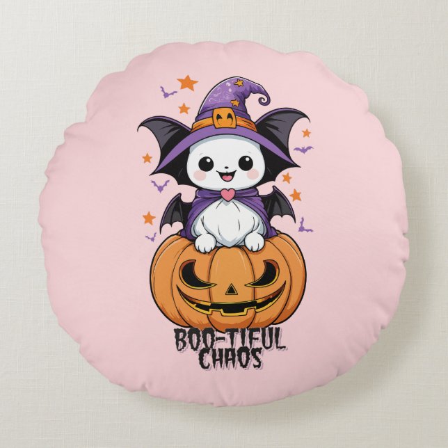 Almofada Redonda Caos Bonitos | Morcegos, Chapéus e Abóboras (Frente)