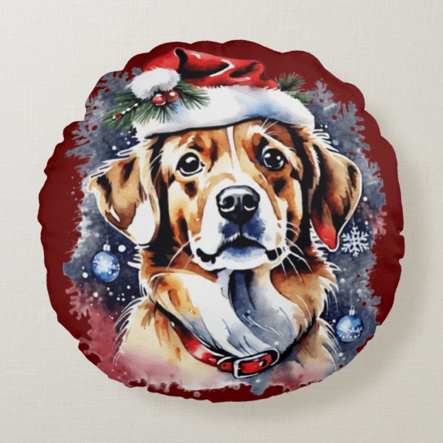 Almofada Redonda Cãozinho bonitinho de Natal (Frente)
