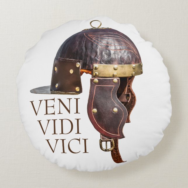 Almofada Redonda Capacete militar romano antigo - Veni, Vidi, Vici (Verso)